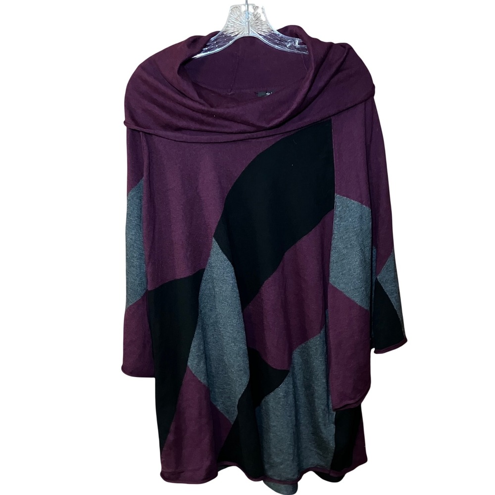 Style & Co Poncho Sweater Women Large Purple Gray Colorblock Cowl Neck